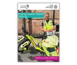 Impact report 24-25 front cover with cycle response paramedic with charity funded e-bike